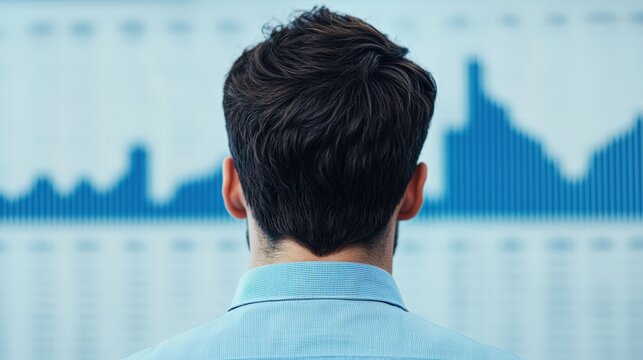 Businessman analyzing sales projections on screen in office: goal setting and corporate strategy session