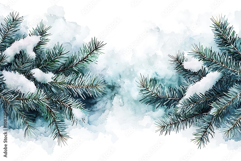 Poster pine tree branches with fresh snow on a bright white background. generative ai.