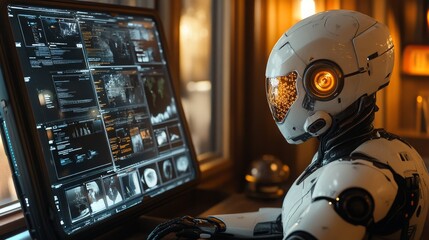 Android browsing the web on a futuristic holographic interface in a cozy room at night