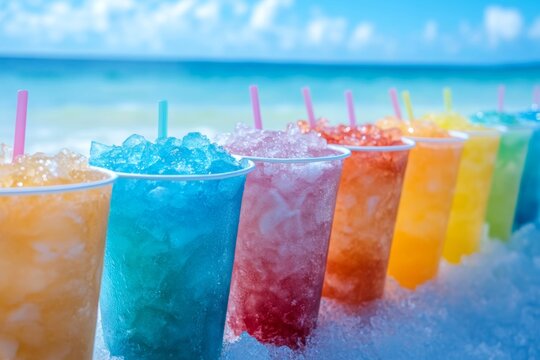 Colorful cups of shaved ice filled with syrup and ice lined on a table by the beach on a sunny day