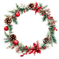 Watercolor Christmas frame with balls and flowers on white background