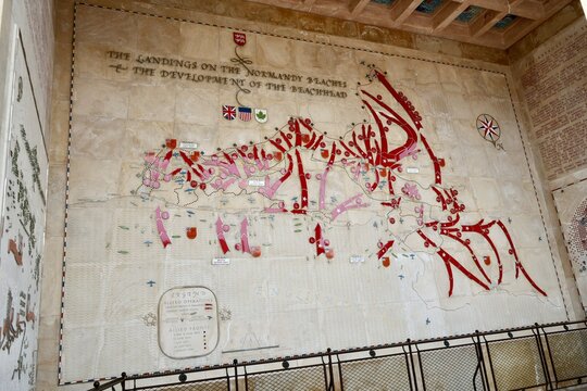 Map of The Normandy Landings at The Normandy American Cemetery and Memorial. Omaha Beach, France, July 4, 2023. 