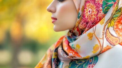 Obraz premium A woman elegantly dons a vibrant floral hijab, its intricate patterns glowing in soft sunlight