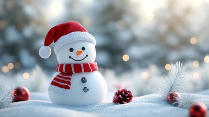 Obraz premium Cheerful snowman wearing a red hat and scarf in a winter landscape. Generative AI.