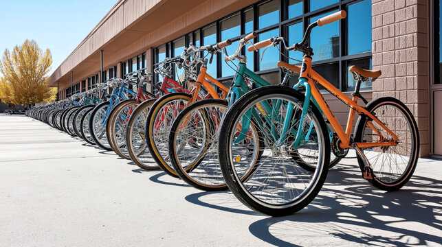 Multiple colorful bicycles parked in a neat row outside a building with large windows on a sunny day.