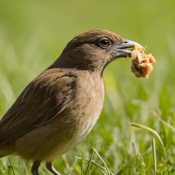 Closeup portrait of a little brown bird perched on a fresh meadow with food in ts beak