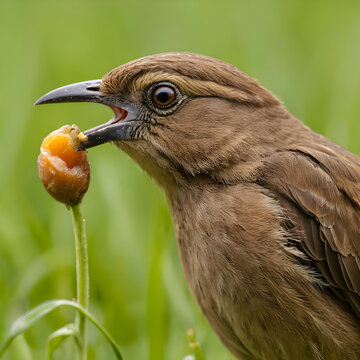 Closeup portrait of a little brown bird perched on a fresh meadow with food in ts beak
