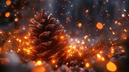 A Glittering Pine Cone Amidst Warm Lights and Falling Sparks