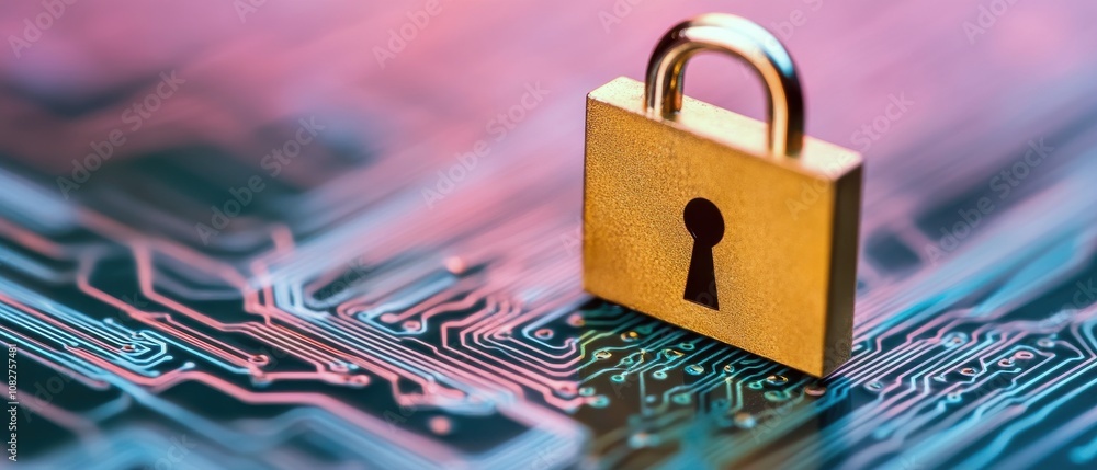 Poster cyber security concept. a close-up image of a golden padlock resting on a colorful circuit board, sy