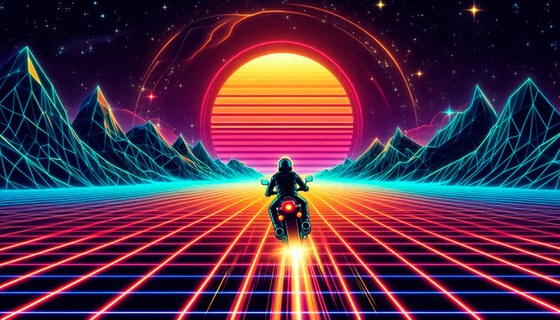 Person riding a bike to the sumset retro vaporwave ilustration