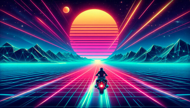 Person riding a bike to the sumset retro vaporwave ilustration