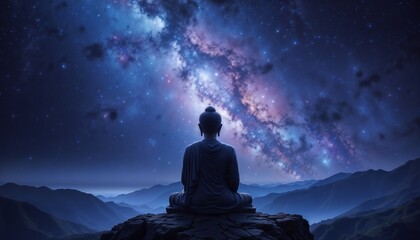 Buddha statue meditating under a starlit sky