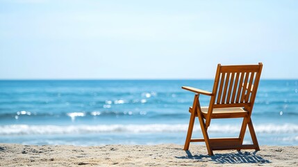 Serene Beachside Escape - Tranquil Ocean View with Wooden Table and Chair Sunlit Waves Creating a Peaceful Atmosphere Perfect for Zoom Backgrounds
