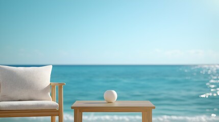 Fototapeta premium Tranquil Beachside Escape - Serene Ocean View with Rustic Table and Chair Warm Sunlight and Gentle Waves for Relaxation and Virtual Meetings