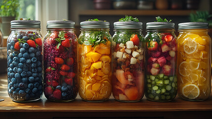 Colorful Jars of Preserved Vegetables and Fruits on Wooden Shelf