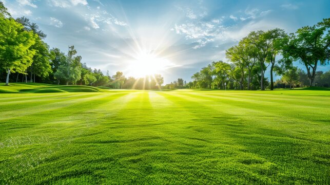 An idyllic golf course setting with neatly trimmed fairways, Golfing essentials impeccably laid out, Classic sporting style