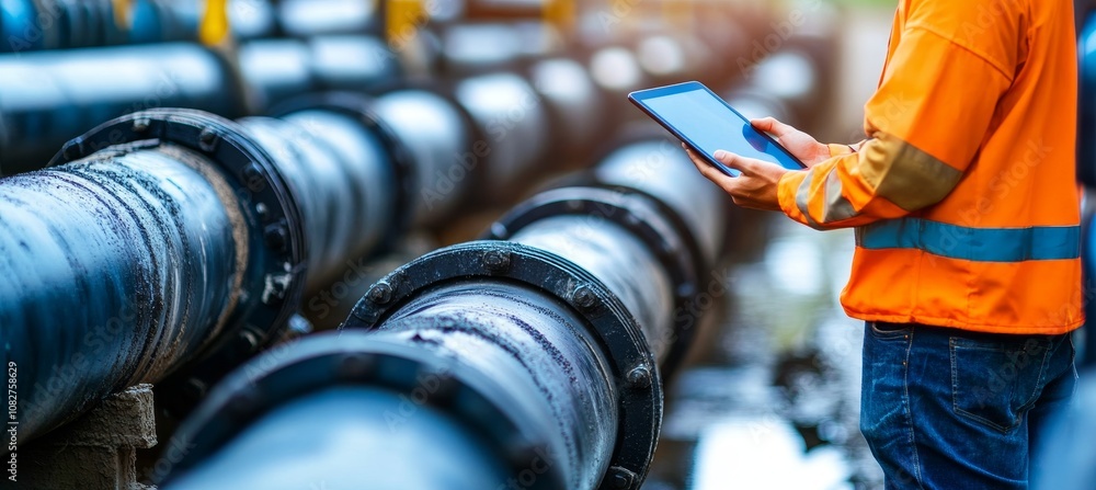 Poster engineer inspects pipelines construction site monitoring and quality control of infrastructure