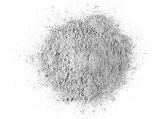 Dry cement, mortar powder pile isolated on white background, top view	
