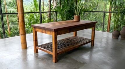 Obraz premium A wooden table stands in a serene indoor space surrounded by greenery, featuring a rustic design with a lower shelf and a potted plant for decoration.