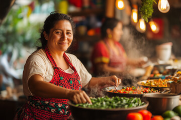 Cocina navideña festiva: una familia latina se reúne en México y prepara una cena de pavo con adolescentes, madre y padre en una cocina moderna.