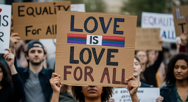 A hand holding a banner with phrases like “Love is Love” or “Equality for All.” The sign is surrounded by other people holding similar supportive messages