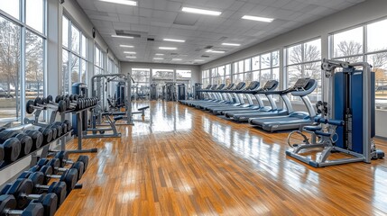 A well-lit gym features rows of cardio machines and weightlifting equipment. The polished wooden floor enhances the fitness atmosphere, inviting individuals to exercise.