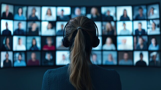 Businesswoman with headset attending online meeting with remote team on multiple screens