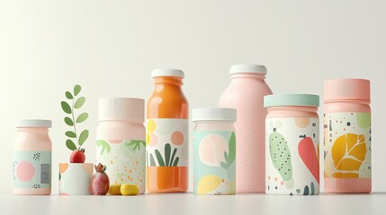 Vibrant Collection of Vitamin Bottles and Boxes Displayed on a Minimalistic Background Showcasing Colorful Designs and Natural Elements