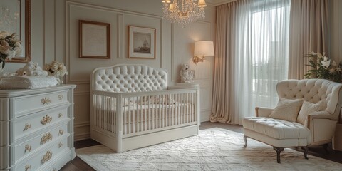 A luxurious white nursery with a crib, a tufted armchair, a dresser, a chandelier, and a rug.