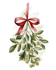 Watercolor illustration featuring a Christmas mistletoe branch tied with a red ribbon on a white background. Perfect for festive cards, gift tags, invitations, and seasonal decor