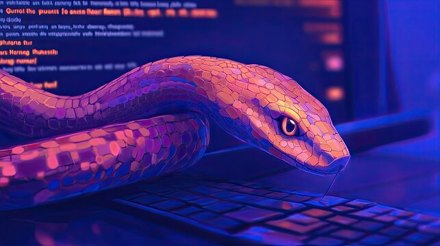 Digital Snake on Keyboard with Code Background &ndash; Concept of Cybersecurity and Hacking