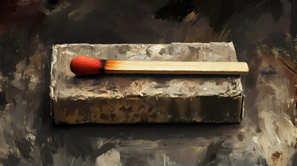 Burnt matchstick atop a distressed, aged matchbox, rendered in a digital painting that emphasizes ephemeral moments. Ephemeral. Illustration