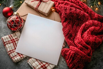 Cozy Holiday Scene Featuring Blank Card, Red Knitted Blanket, Ornaments, Gift Wrap, and Festive Decor Evoking Warmth and Celebration of the Season