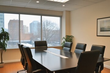 Modern Conference Room with Stylish Black Chairs and Large Windows Overlooking a Winter Cityscape, Perfect for Business Meetings and Collaborations