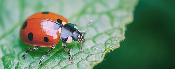 Obraz premium Close-Up of a Vibrant Ladybug Resting on a Leaf with Blurred Green Background Showcasing Nature's Beauty and Insect Details in an Outdoor Setting