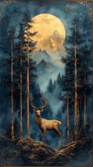 Peinture Art Déco d'une forêt enchantée avec cerf doré