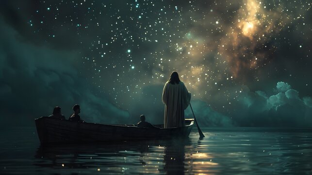 A peaceful scene of Jesus standing calmly in a boat, once-turbulent waters now mirroring a starry night sky, disciples in silent reverence, soft glow on Jesus, dark clouds parting,