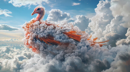 Conceptual design showing a turkey made of clouds, symbolizing the ephemeral nature of time and memory. Ephemeral. Illustration