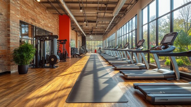 The gym showcases a bright, spacious interior with rows of treadmills and various strength training machines, illuminated by natural light.