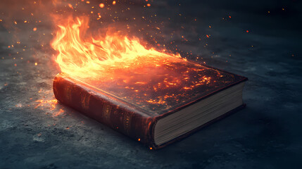 Ethereal flames engulfing leather book on concrete surface - concept of knowledge loss and destruction in dramatic setting. Ephemeral. Illustration