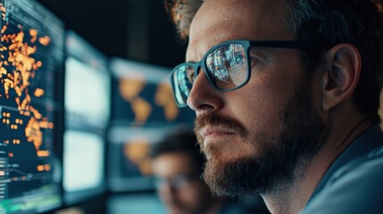 Financial analyst working late analyzing global market data on multiple computer screens