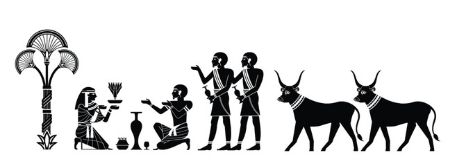 Illustration of trade culture in ancient Egypt, walls and hieroglyphs in Ramses' tomb chamber