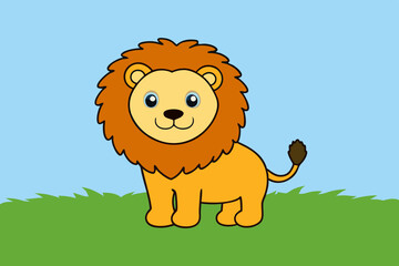 A friendly lion stands on the grassy ground, smiling with a beautiful face