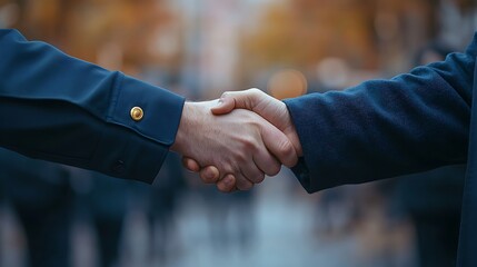 Close-up of a handshake between a police officer and a community leader, focus on the hands, slight blur of people and buildings in the background, expressions of trust and cooperation,