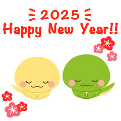 巳年の年賀状素材　お辞儀をする2匹のヘビ　ラインなし