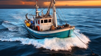 Fototapeta premium Commercial Fishing Boat at Sunset on the Open Sea, Tranquil Scene of a Vessel, Marine Background