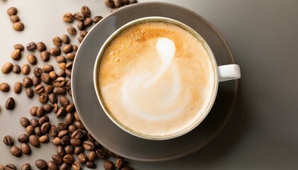 위에서 내려다 본 커피콩과 따뜻한 카푸치노 배경화면
