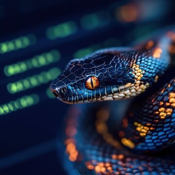 Futuristic Snake with Code Background - Symbol of Cybersecurity