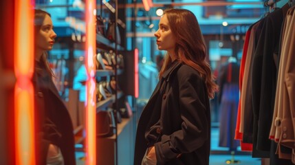 Fototapeta premium A young woman admires her reflection in a stylish boutique filled with vibrant clothes and warm neon lights.