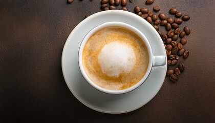 Obraz premium 위에서 내려다 본 커피콩과 따뜻한 카푸치노 배경화면